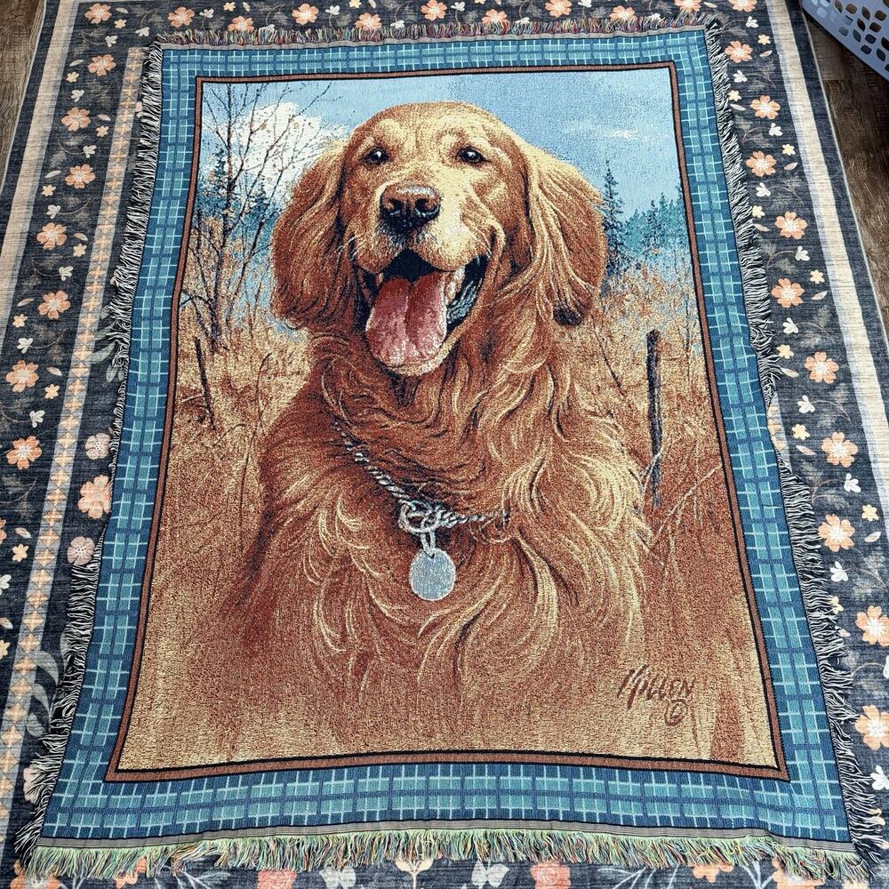Millen Golden Retriever Plaid Fringe Large Tapestry Afghan Throw READ